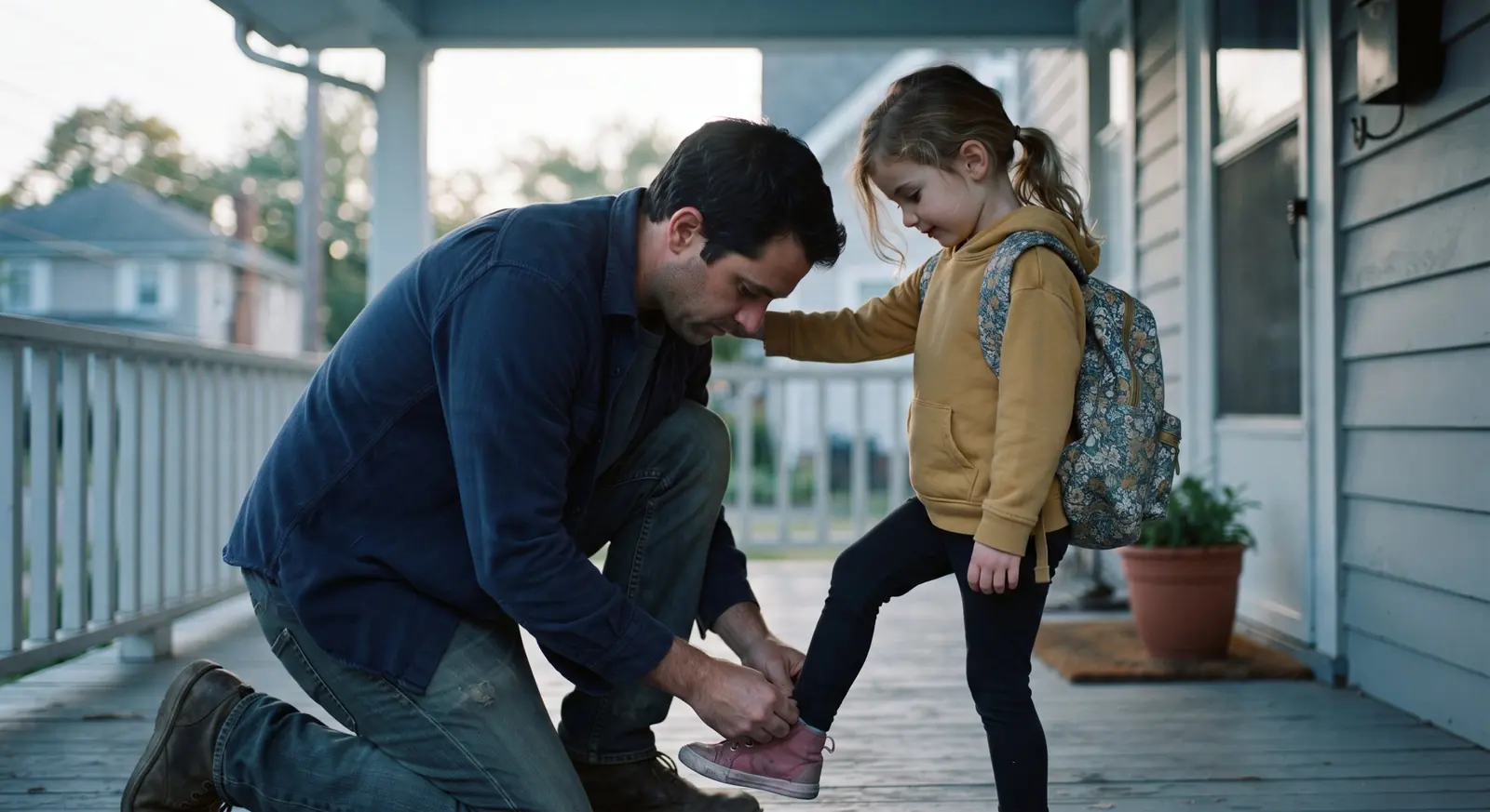 A father tying his daughter’s shoe on the front porch before school