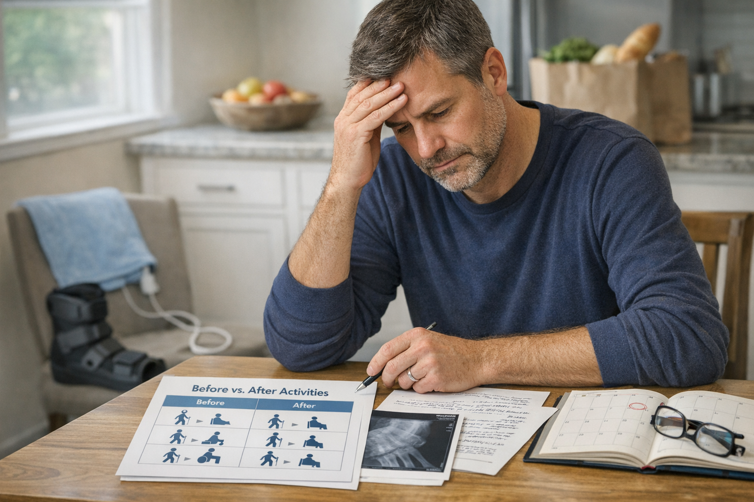 Person reviewing a before-and-after activities chart with medical documents for a personal injury claim involving disputed pre-existing conditions