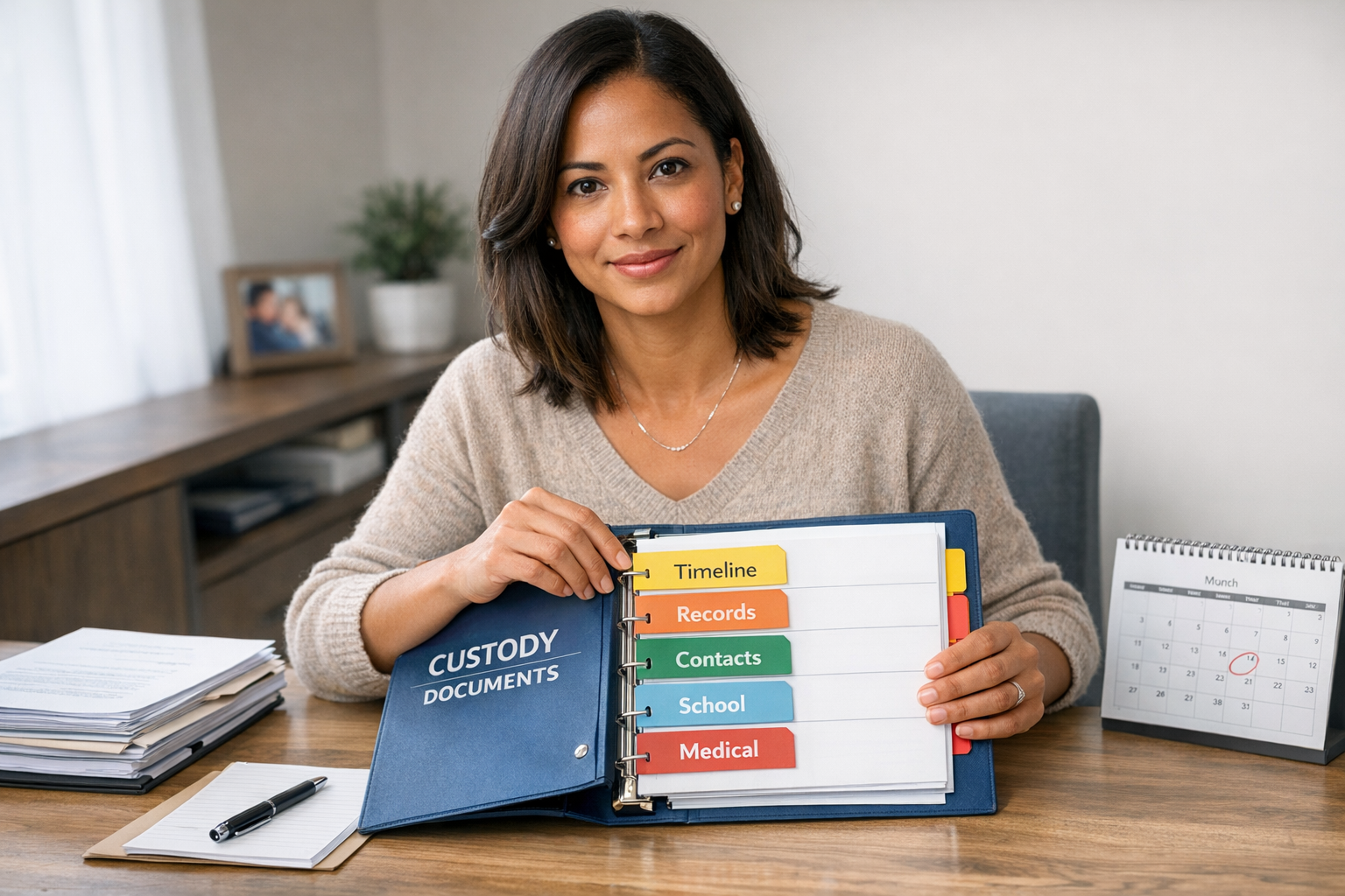 Parent organizing a child custody binder with timeline, records, and contacts at a table