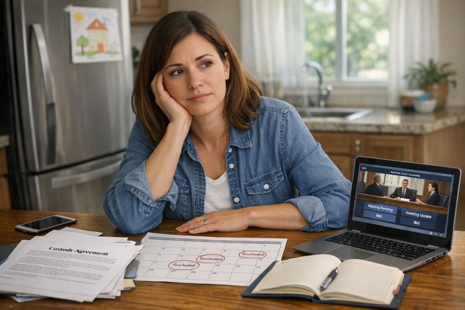 Parent reviewing custody paperwork and calendar while dealing with GAL or evaluator scheduling delays in a child custody case