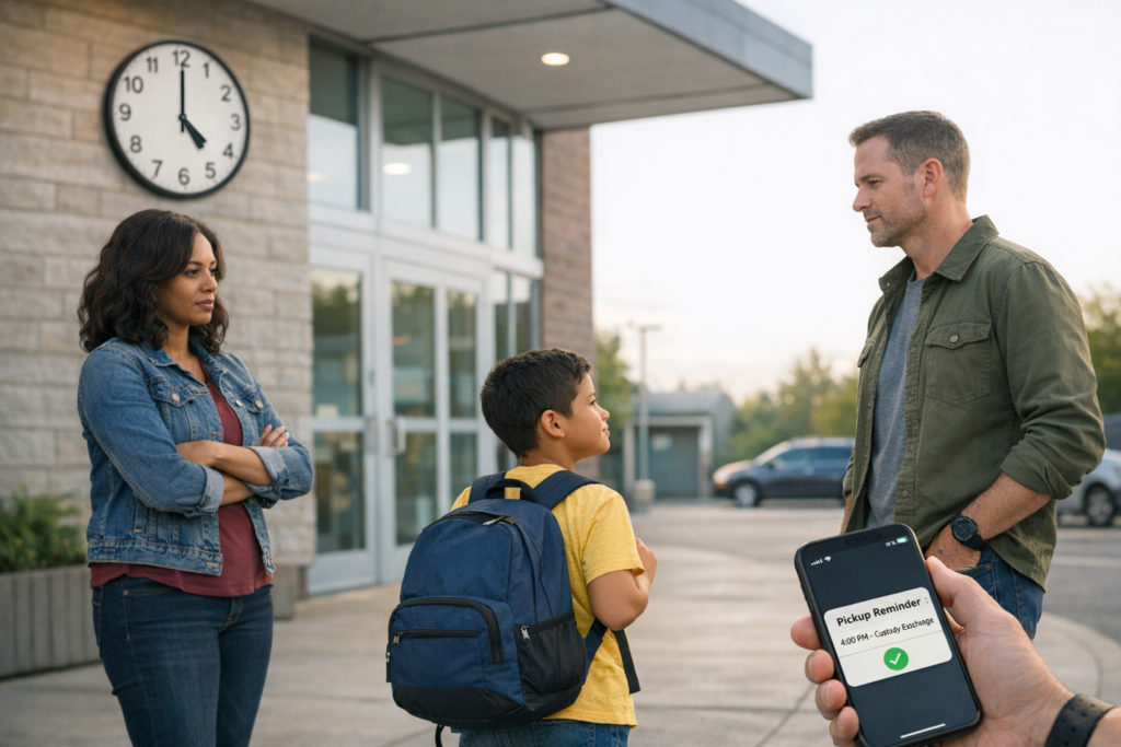 Separated parents meeting for a child custody exchange at a neutral pickup location with visible time cues representing exact schedules and grace periods.