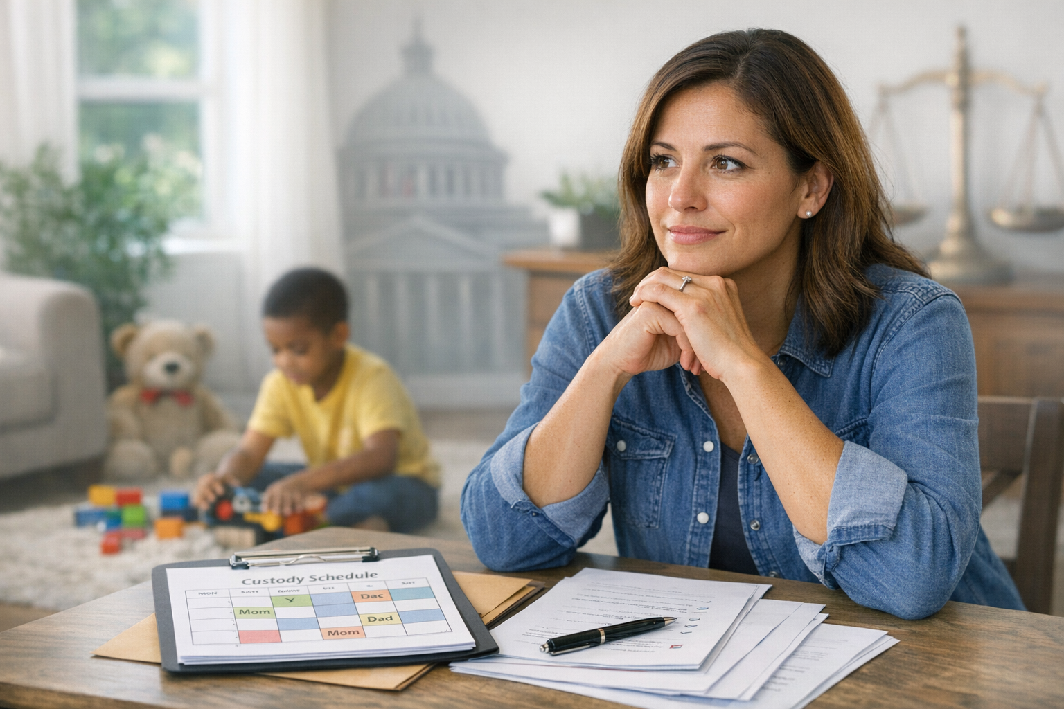 Hopeful parent reviewing child custody documents in a safe home while focusing on child safety and court review hearings