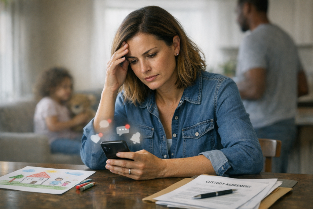 Parent in a child custody dispute looking frustrated at social media activity on a phone while sitting near family paperwork at home.