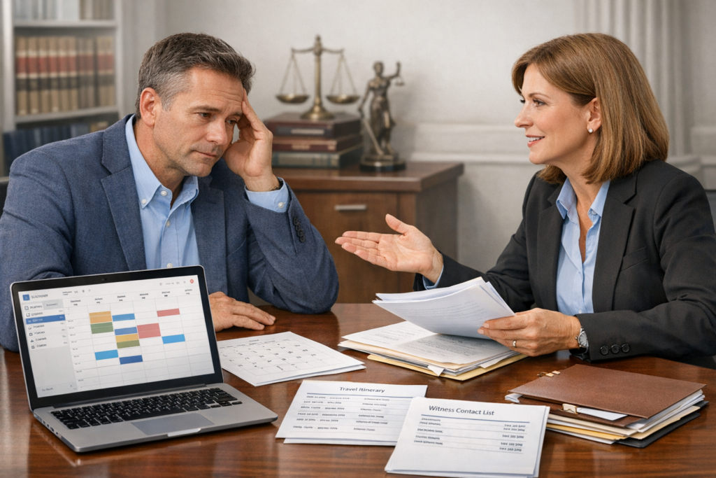 Client meeting with attorney about civil litigation delays, reviewing witness schedules and travel logistics in a law office