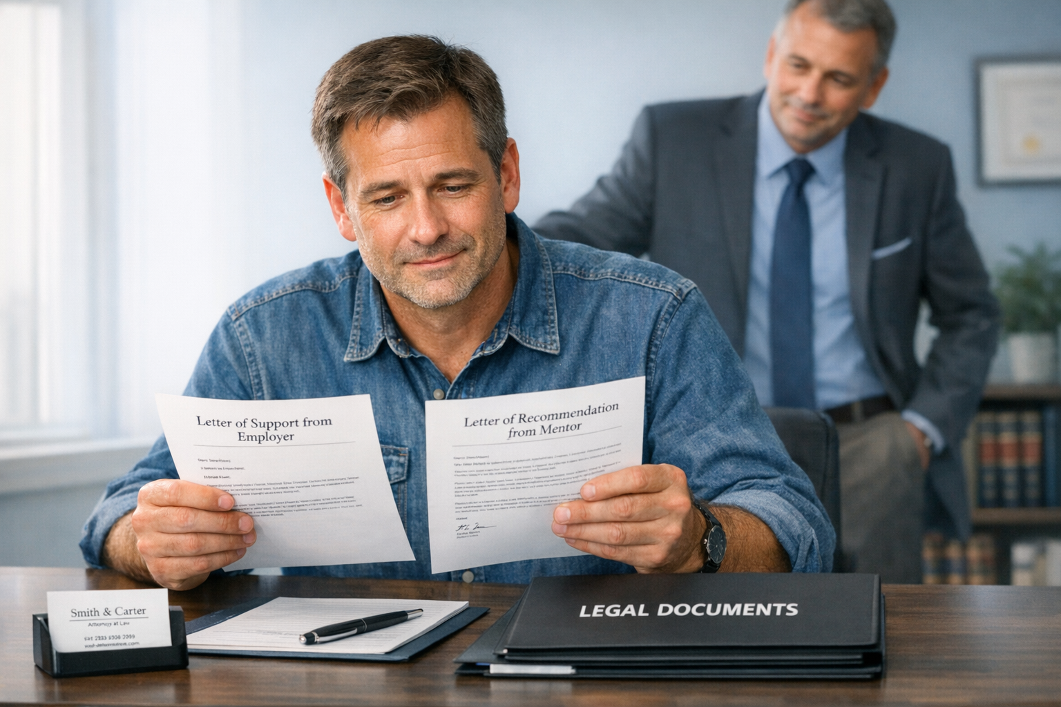 Worried criminal defense client reviewing oversight letters from an employer and mentor with legal documents in a professional office