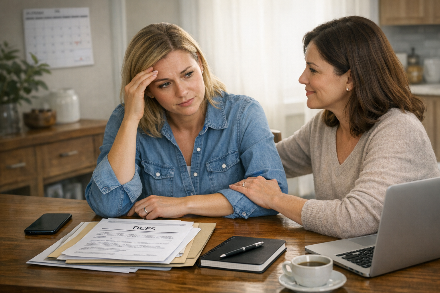 Parent in a DCFS case receiving calm emotional support from a trusted person while reviewing documents at home