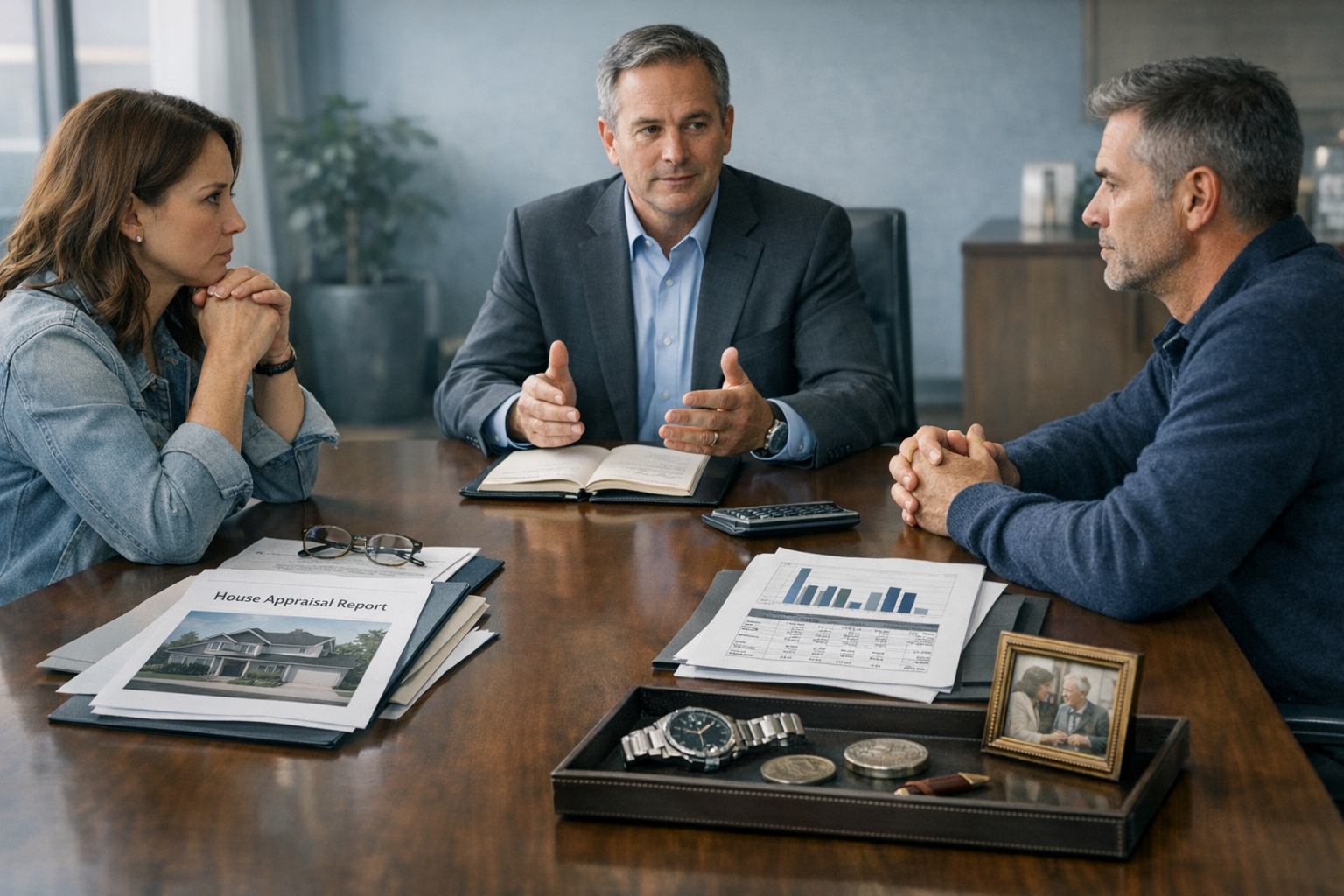 Divorce asset valuation meeting with documents for a home, business, and collectibles during a lawyer-guided negotiation.