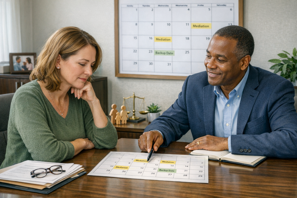 Person reviewing divorce mediation dates with an attorney in a professional office setting