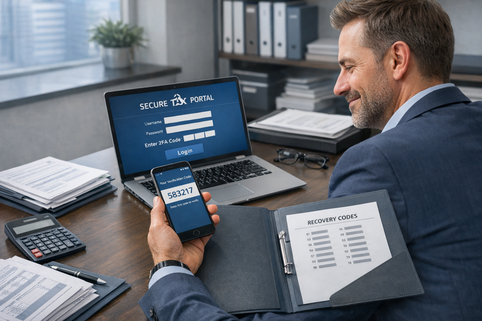 Professional reviewing a secure tax portal with two-factor authentication and safely stored recovery codes in an office setting