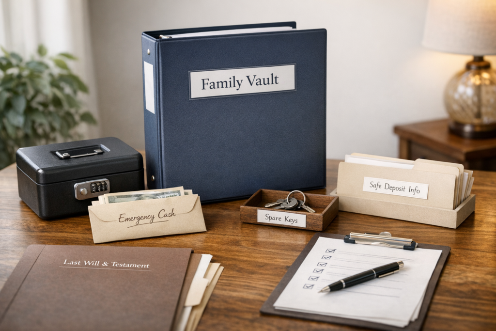 Organized family vault with emergency cash, spare keys, and safe-deposit details for estate planning