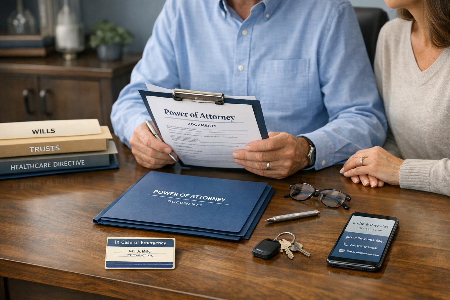 Person organizing estate planning documents with an agent, wallet card, and attorney contact information for incapacity planning readiness
