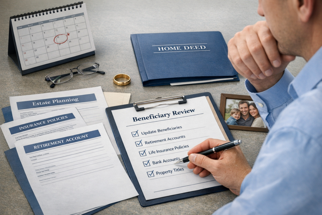 Person reviewing estate planning documents, beneficiary forms, and asset titles after major life events in a professional office setting