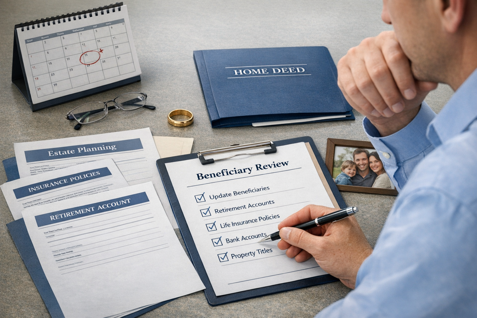 Person reviewing estate planning documents, beneficiary forms, and asset titles after major life events in a professional office setting