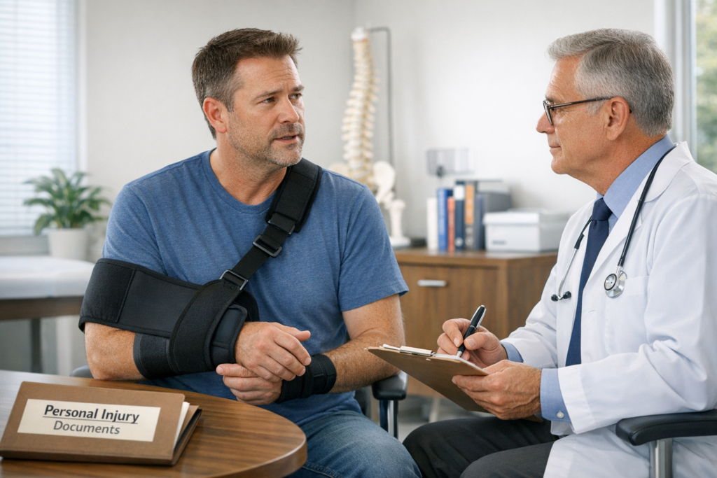 Personal injury claimant at a defense medical exam describing pain and physical limits to a doctor in a professional medical office