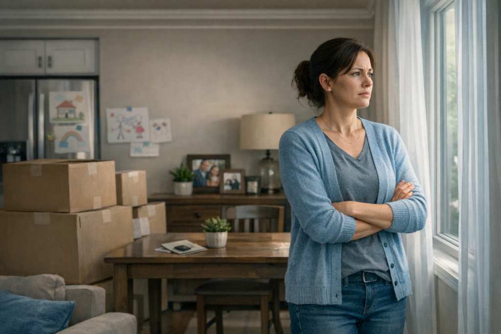 Worried spouse in a family home during divorce, concerned about housing stability and temporary occupancy arrangements