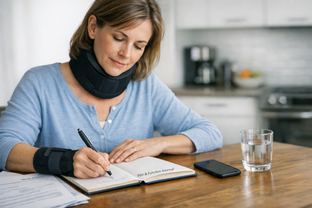 Personal injury claimant keeping a daily pain and function diary at home to document symptoms and recovery