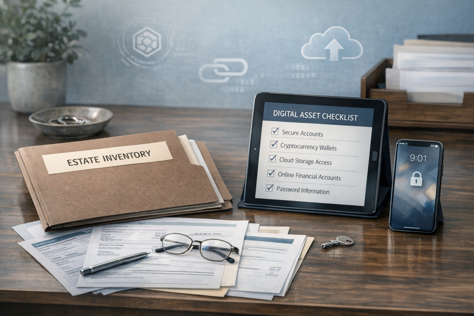 Organized probate asset inventory with financial documents, digital account checklist, and secure device references for missing digital and crypto assets