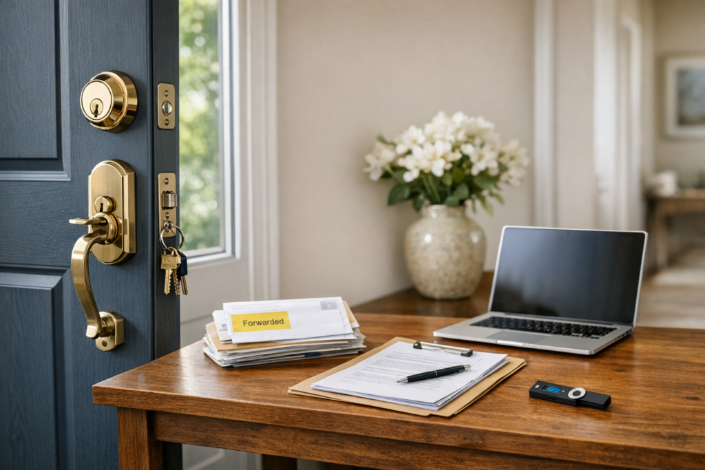 Secured home entry with changed locks, forwarded mail, and organized documents representing probate asset security and digital estate access.
