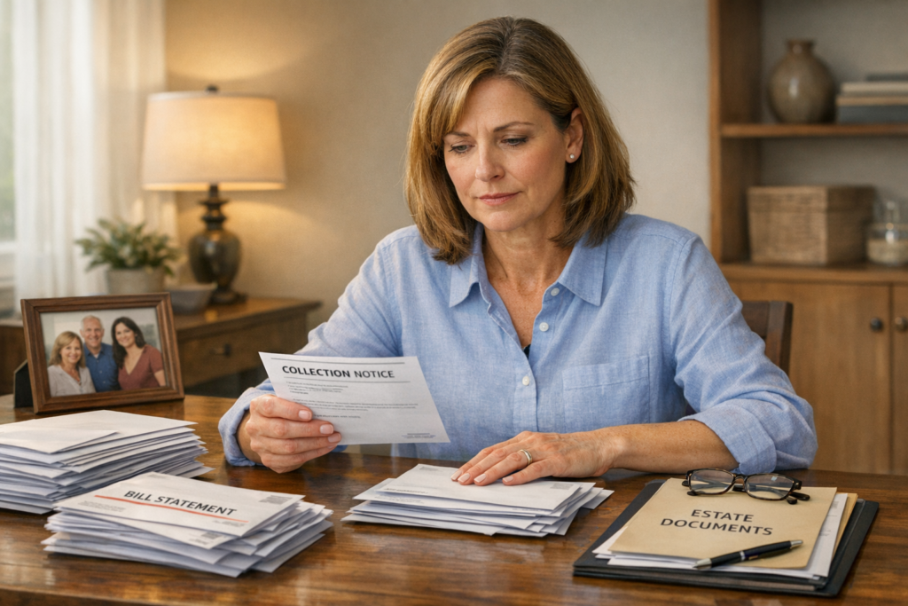 Person organizing bills, statements, and collection letters while handling probate creditor concerns