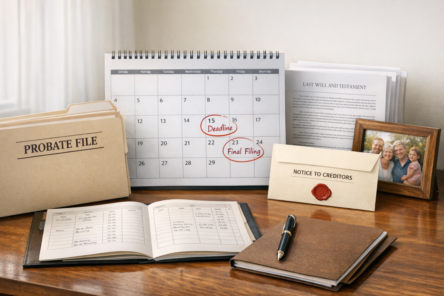Organized probate paperwork, calendar, and ledger tracking publication dates and creditor claim deadlines on a desk