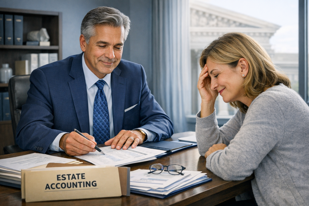 Probate attorney reviewing estate accounting and fee documents with a frustrated client in a professional office