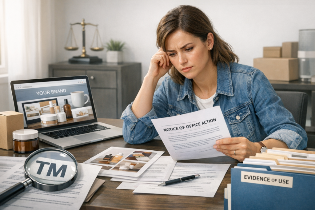 Business owner reviewing trademark office action documents and evidence of use with branding materials at a desk