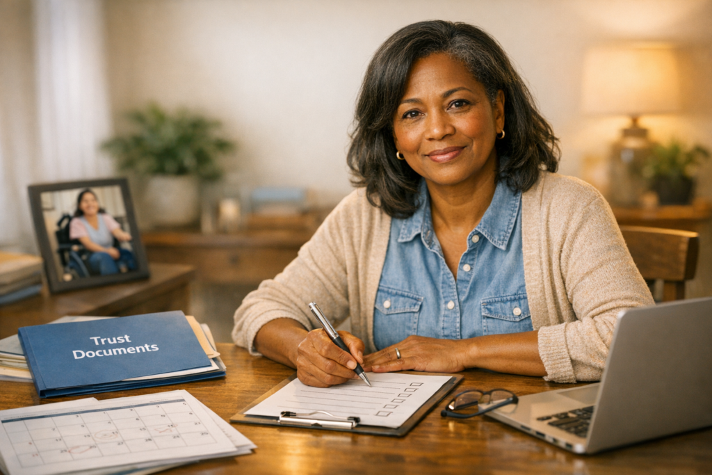 Parent reviewing a calendar and estate planning documents to track reporting and recertification dates for a special-needs heir's benefits