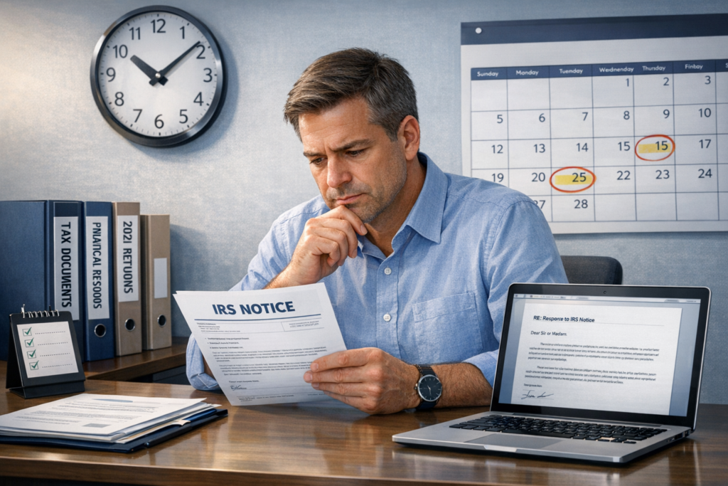 Person reviewing tax notice and calendar deadlines while preparing a draft response in a professional office