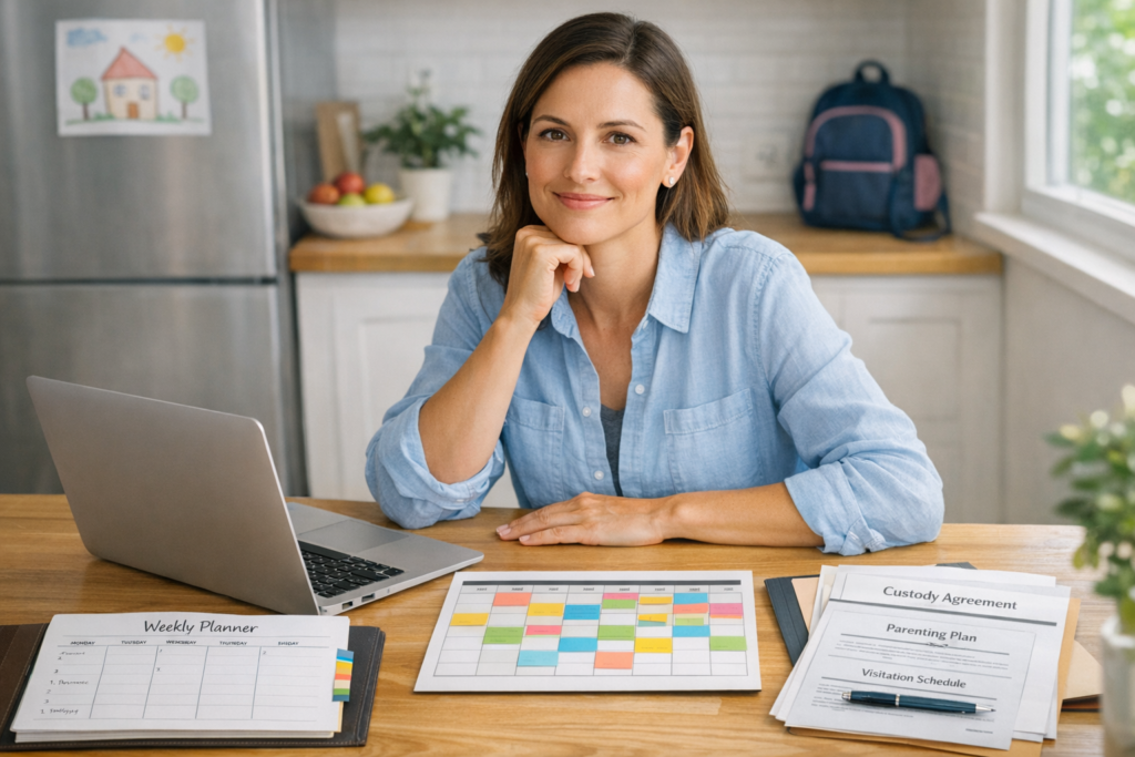 Parent organizing child custody paperwork with a calendar and planner to reduce legal stress and manage case tasks efficiently
