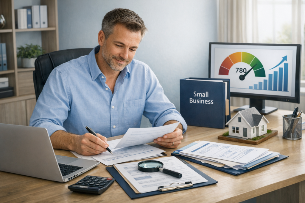 Person reviewing federal tax lien documents and IRS transcripts at a desk to protect assets and credit