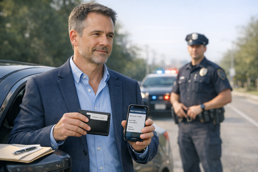 Person during a routine police stop holding an attorney card and bond information to stay prepared during pretrial supervision
