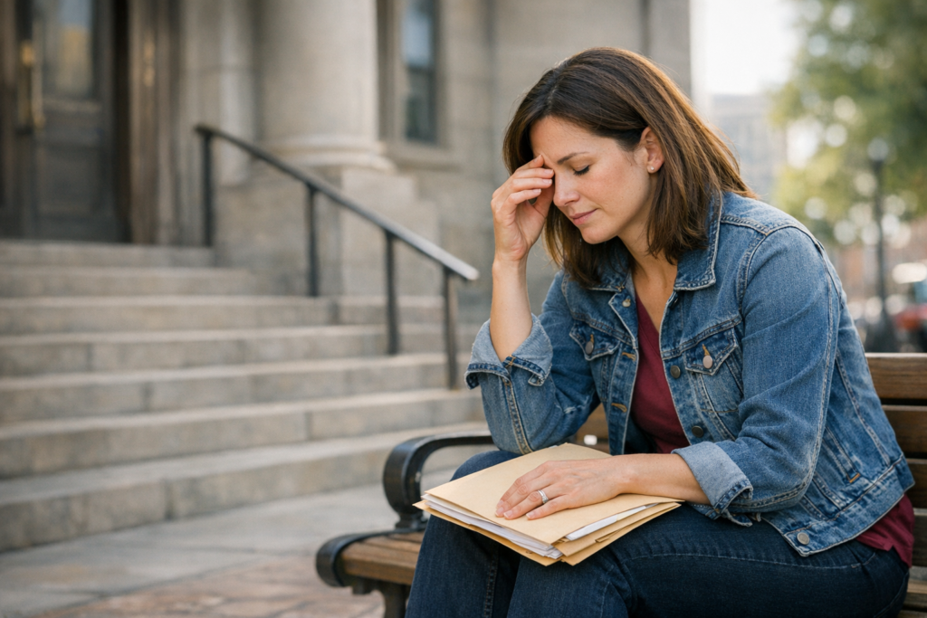 Parent taking a quiet respite break outside a courthouse after a stressful DCFS hearing