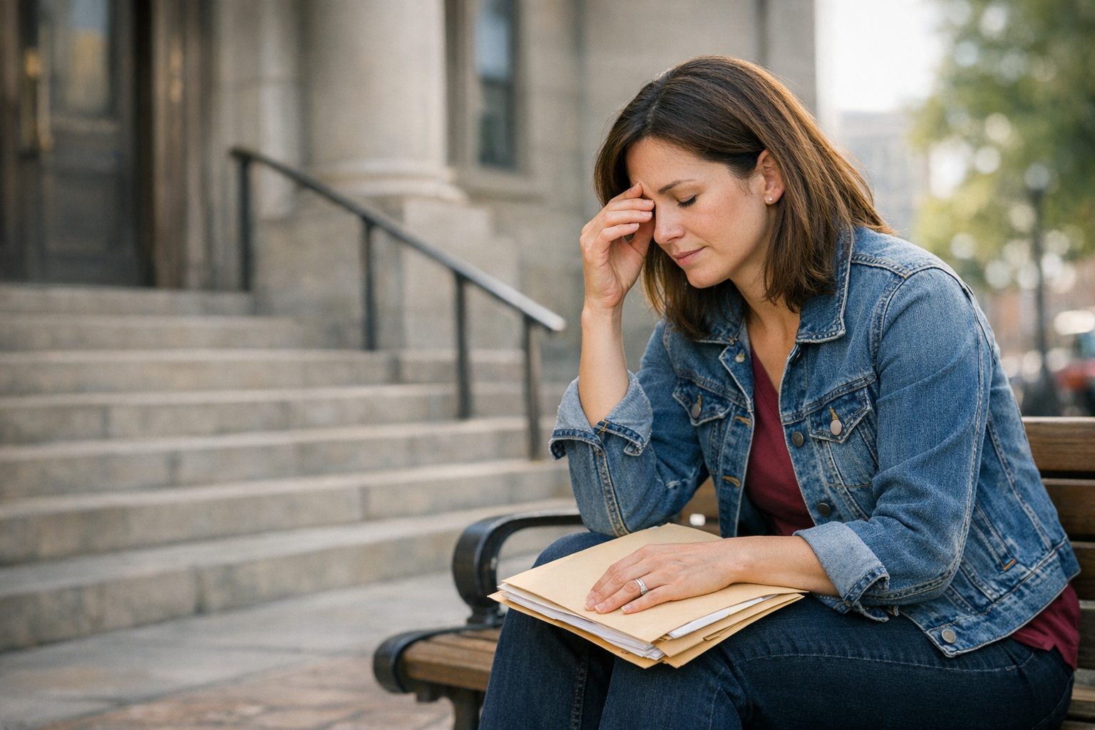 Parent taking a quiet respite break outside a courthouse after a stressful DCFS hearing