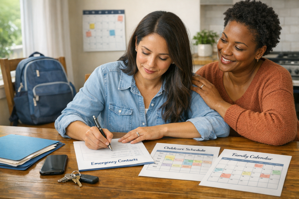 Parent organizing emergency childcare contacts and family plans with a trusted support person at home