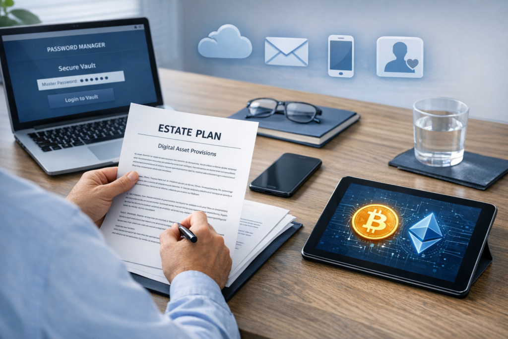 Person reviewing estate planning documents with digital accounts, smartphone, laptop, and cryptocurrency symbols while organizing legacy access information