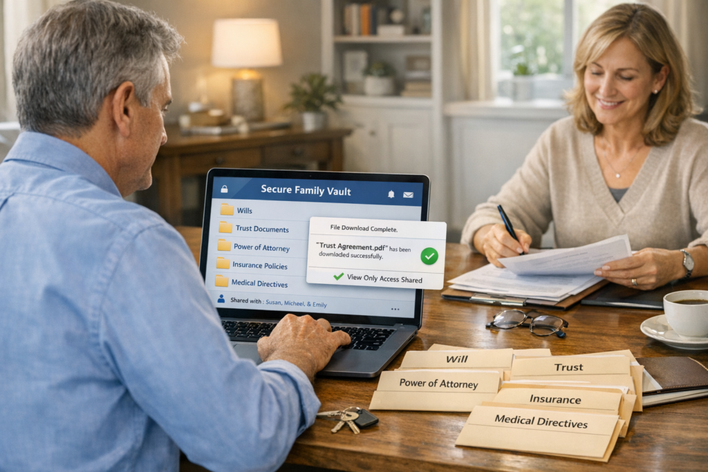 Person organizing an estate planning family vault online and sharing view access with a trusted fiduciary while testing a file download.